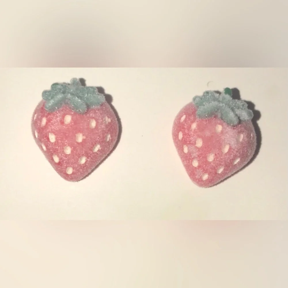 Fuzzy Strawberries~ Furry Fluffy Flocked Strawberry Fruit Kawaii Yummy Pink Stud